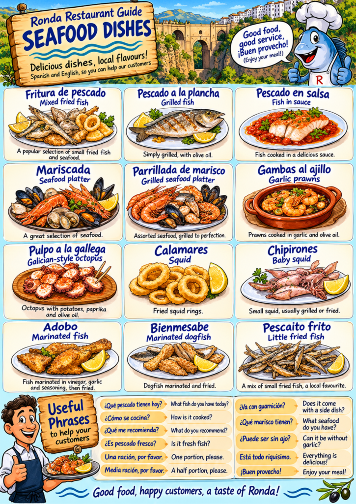 Illustrated guide to traditional Spanish fish and seafood dishes, with English translations and useful restaurant phrases for dining in Ronda.